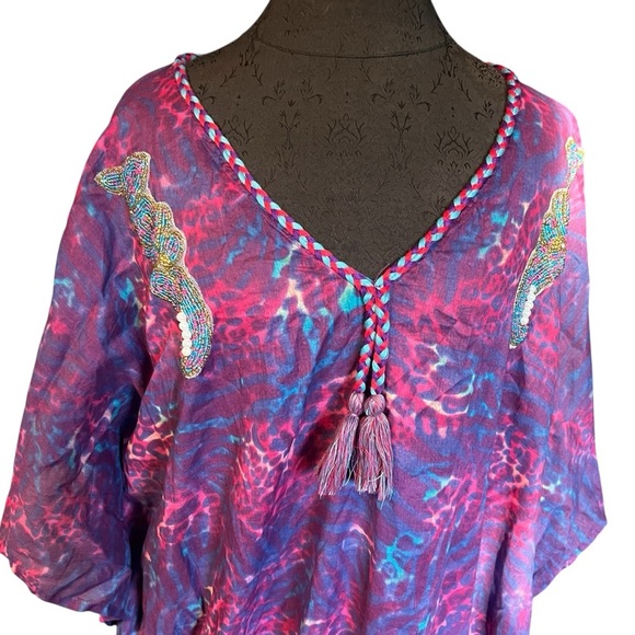 Karakorum Purple Pink Cotton Beaded Tassel Kaftan Caftan One Size XL - Picture 4 of 8